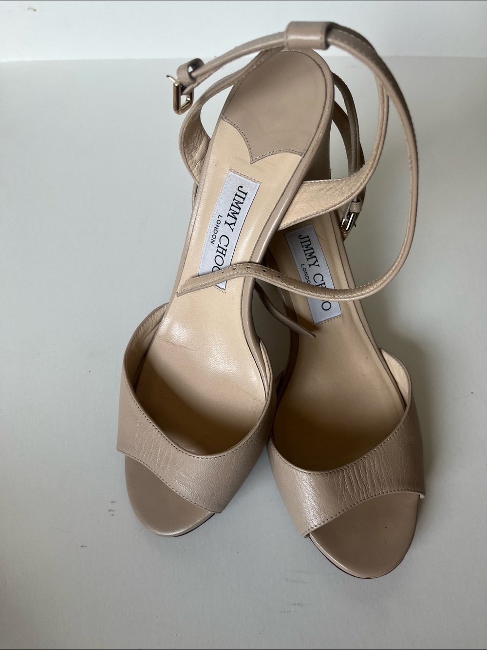Jimmy Choo beige leather open toe 3”sandals. 39 1/2
